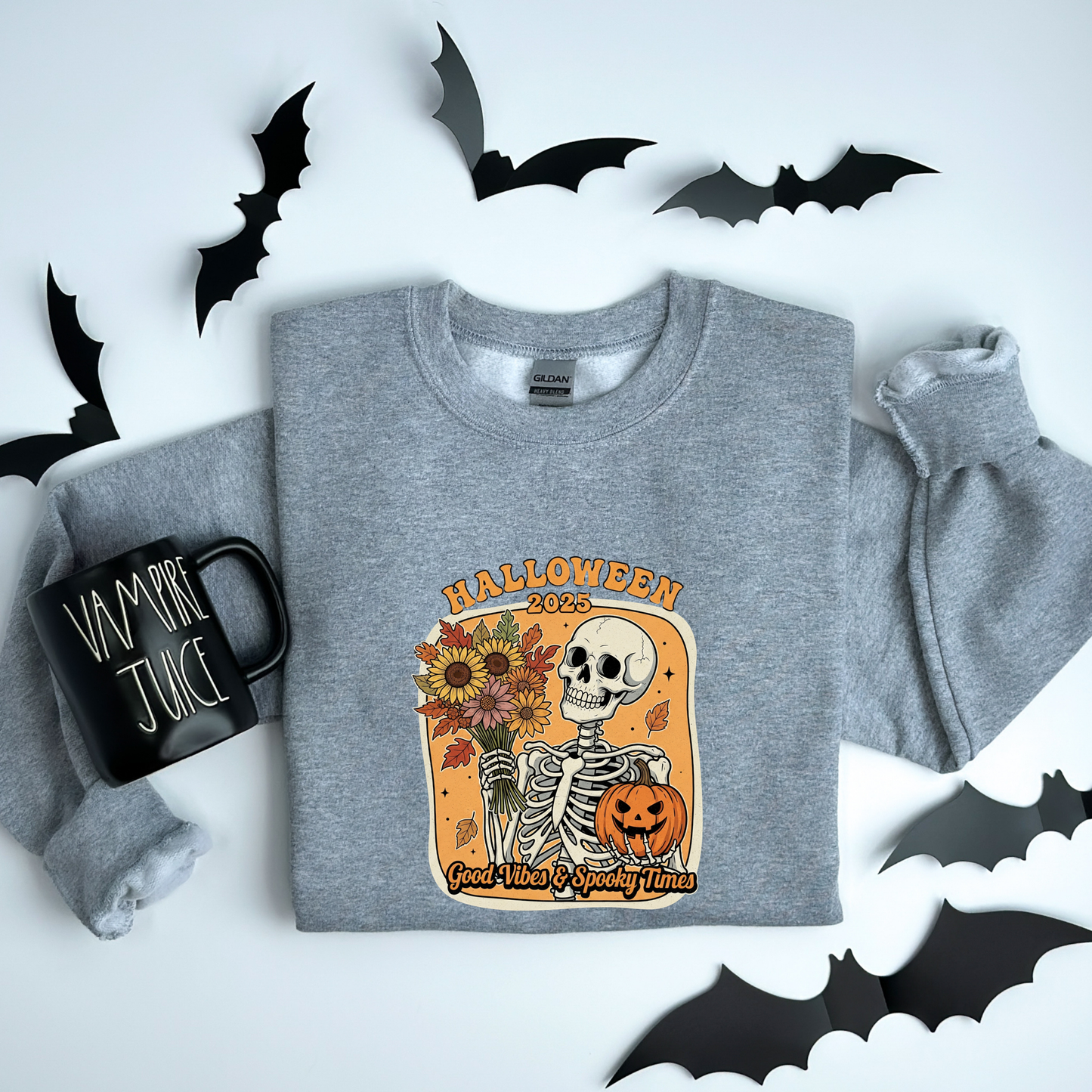 Skeleton 2025 Halloween Sweatshirt | Good Vibes & Spooky Times