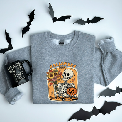 Skeleton 2025 Halloween Sweatshirt | Good Vibes & Spooky Times