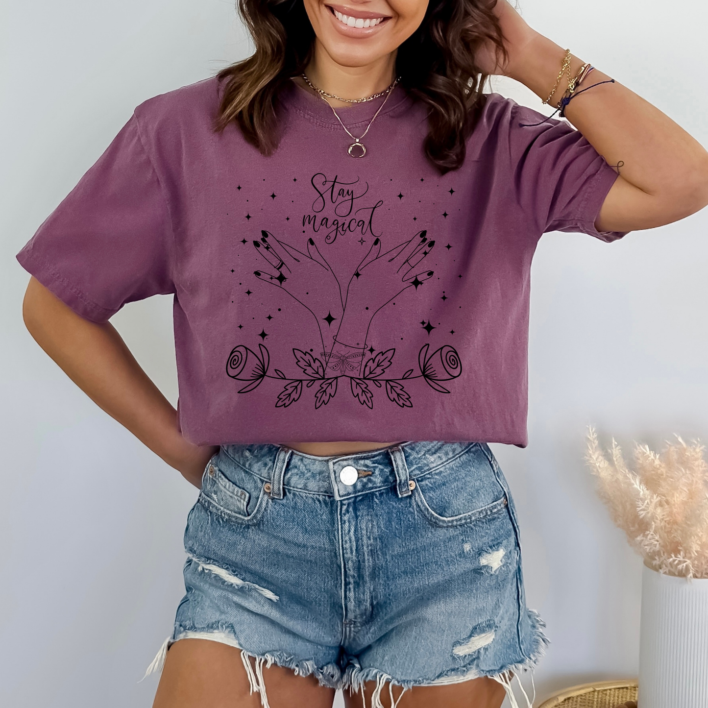Stay Magical Witchy Hand Butterfly brace lace Rose Berry Color Tshirt  