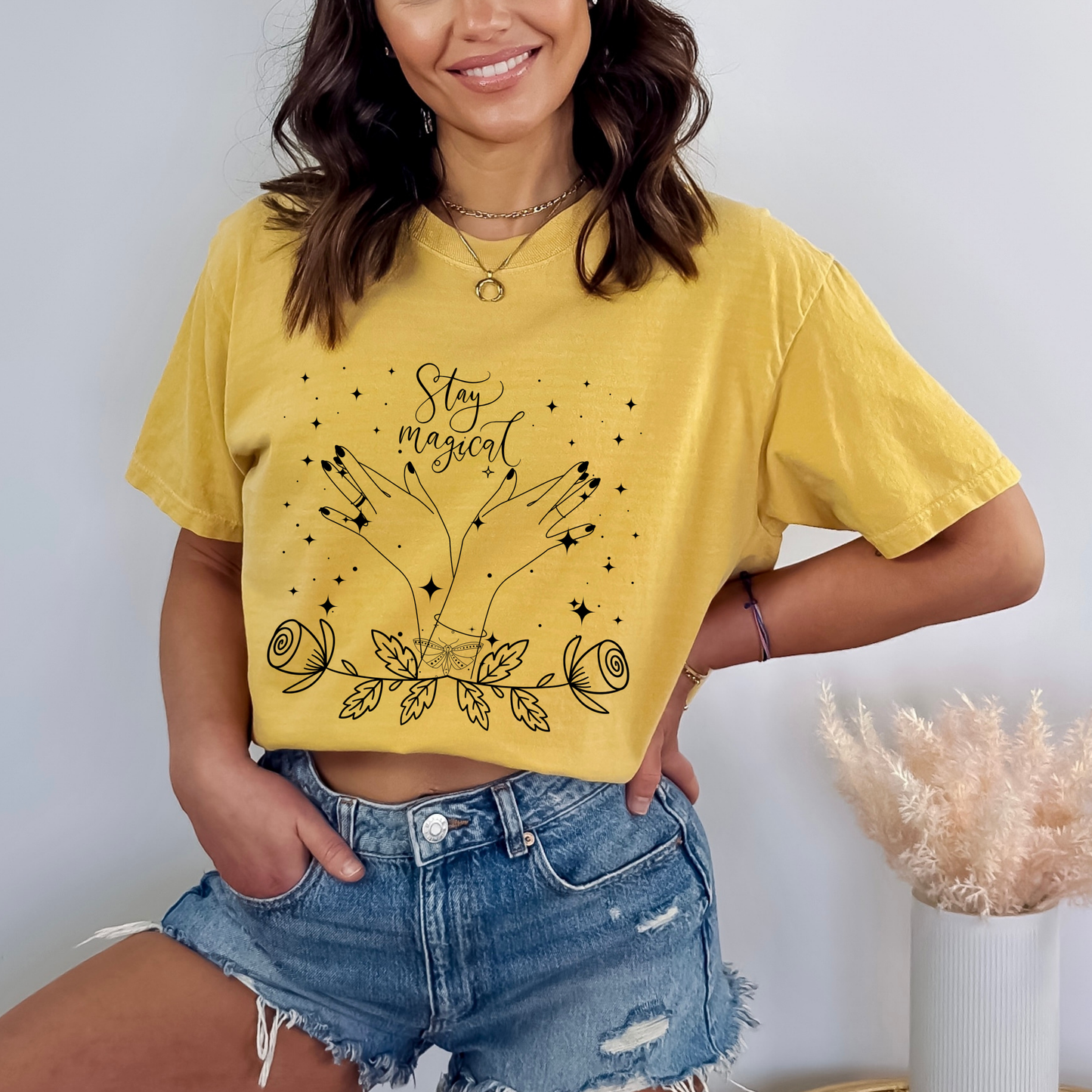 Stay Magical Witchy Hand Butterfly brace lace Rose Yellow Color Tshirt  