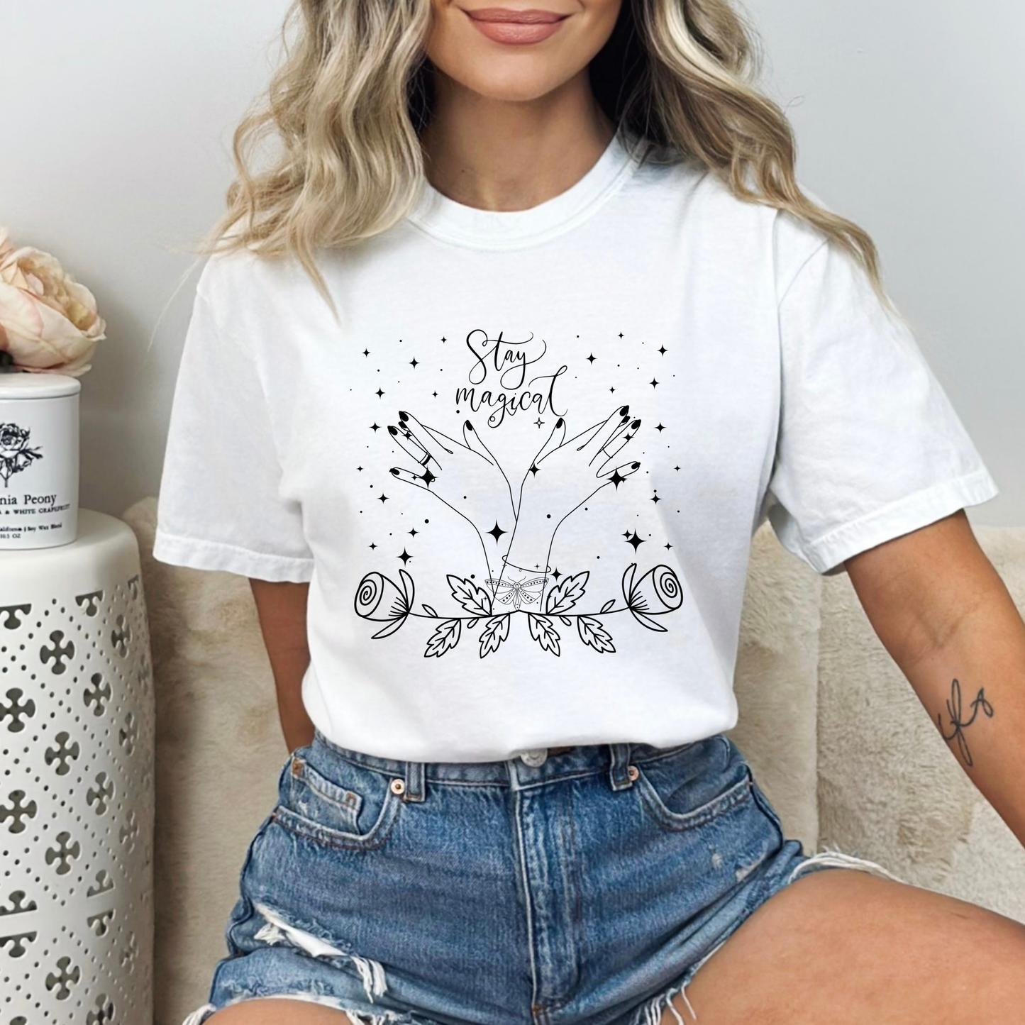 Stay Magical Witchy Hand Butterfly brace lace Rose White Color Tshirt  
