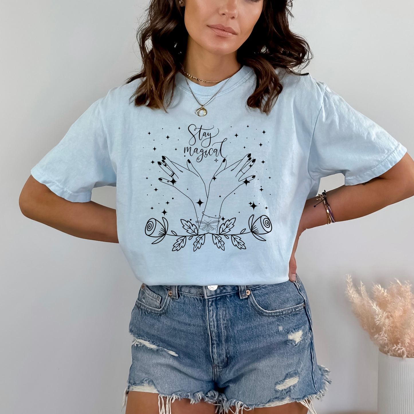 Stay Magical Witchy Hand Butterfly brace lace Rose Light Blue Color Tshirt  