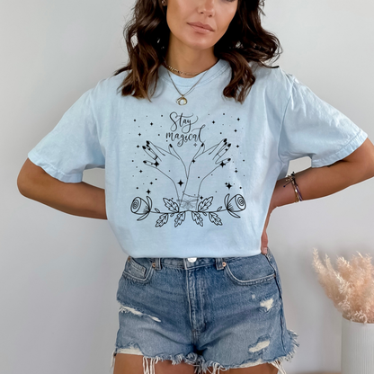 Stay Magical Witchy Hand Butterfly brace lace Rose Light Blue Color Tshirt  