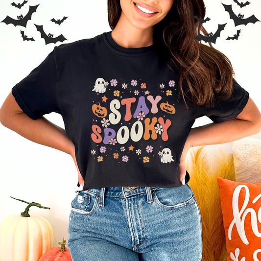 Stay Spooky, Cute halloween ghost holding flower, groovy halloween flower