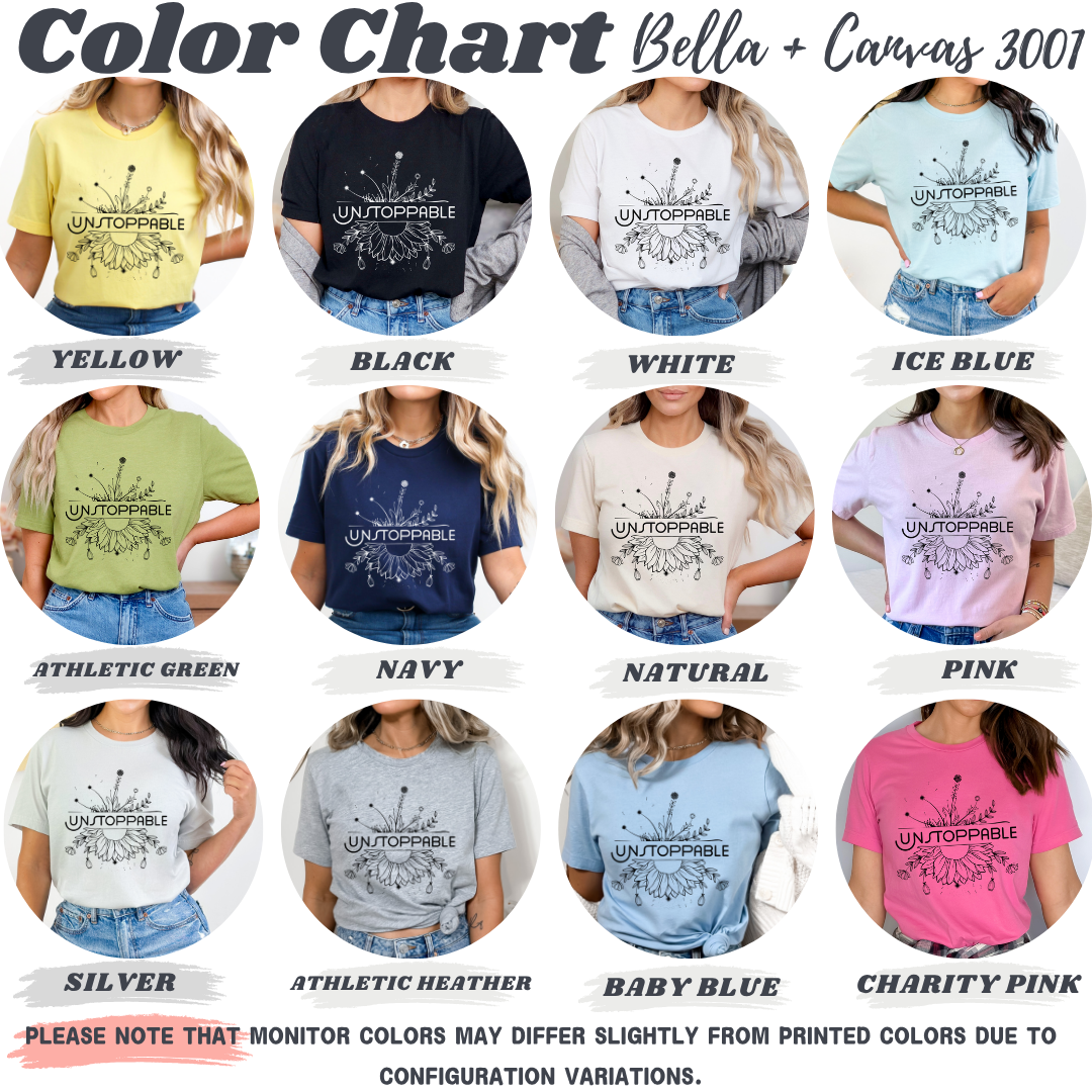 Color chart for Bella + Canvas 3001 t-shirts showing various colors and a design.