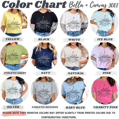 Color chart for Bella + Canvas 3001 t-shirts showing various colors and a design.