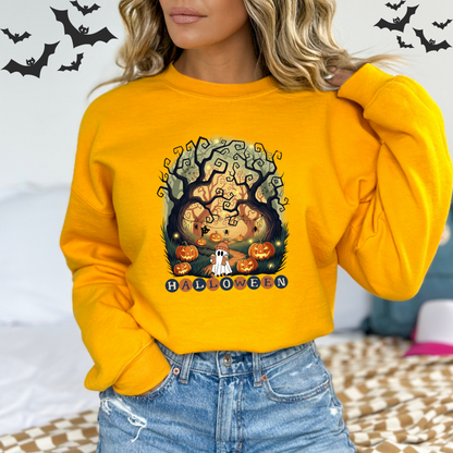 Person wearing a yellow Halloween-themed sweatshirt with pumpkins and a ghost design.