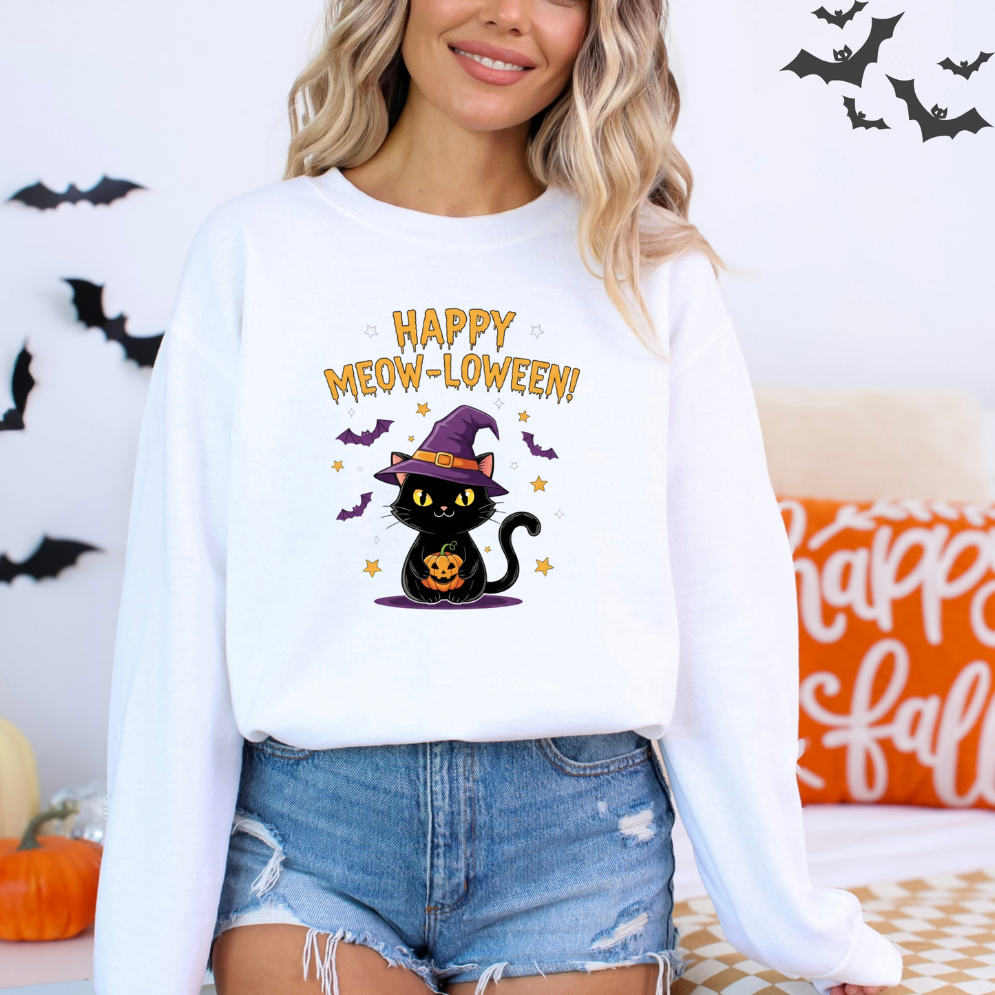 Happy Meow-loween Witchy Cat & Pumpkin Sweatshirt