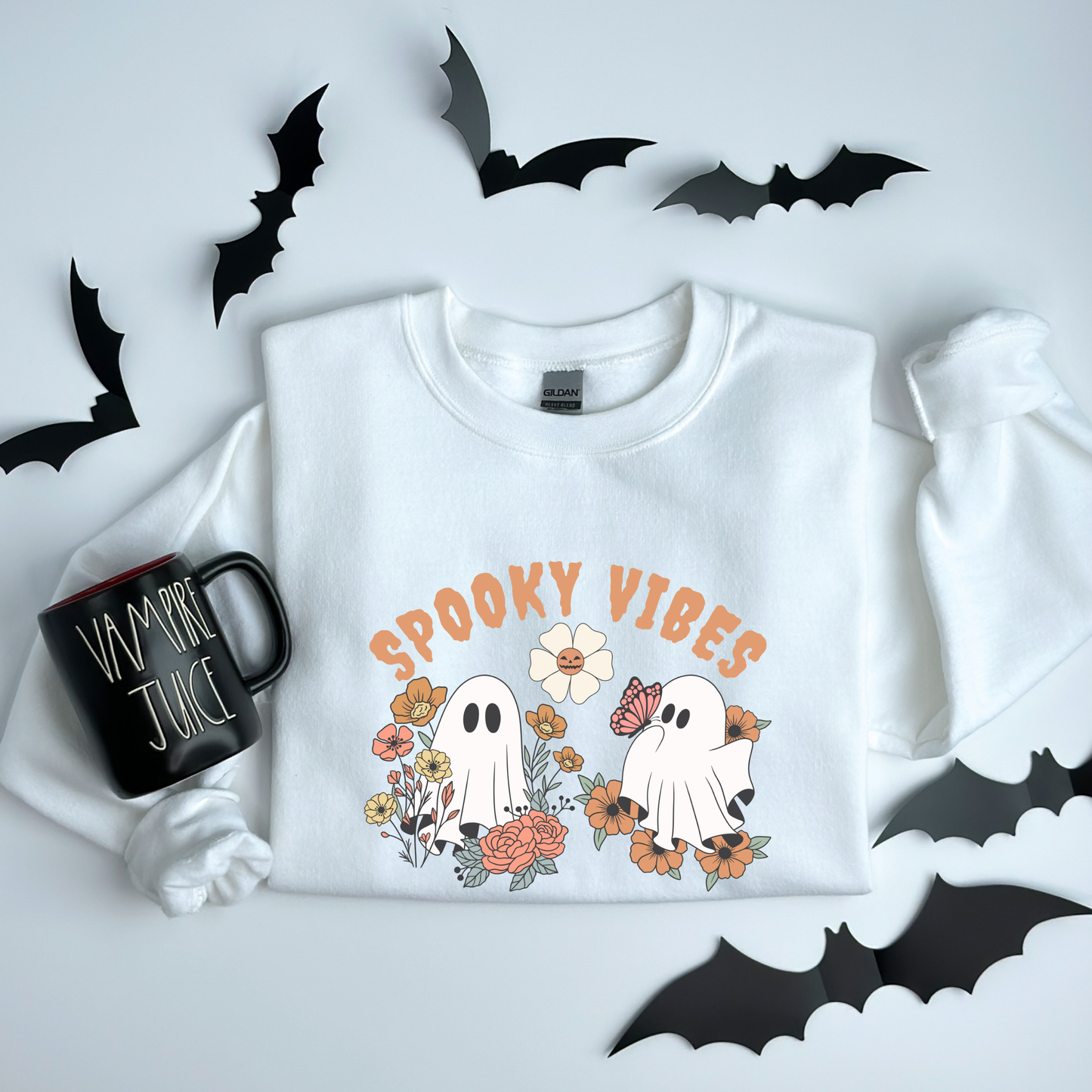Spooky Vibes Floral Ghosts Halloween & Butterfly Sweatshirt