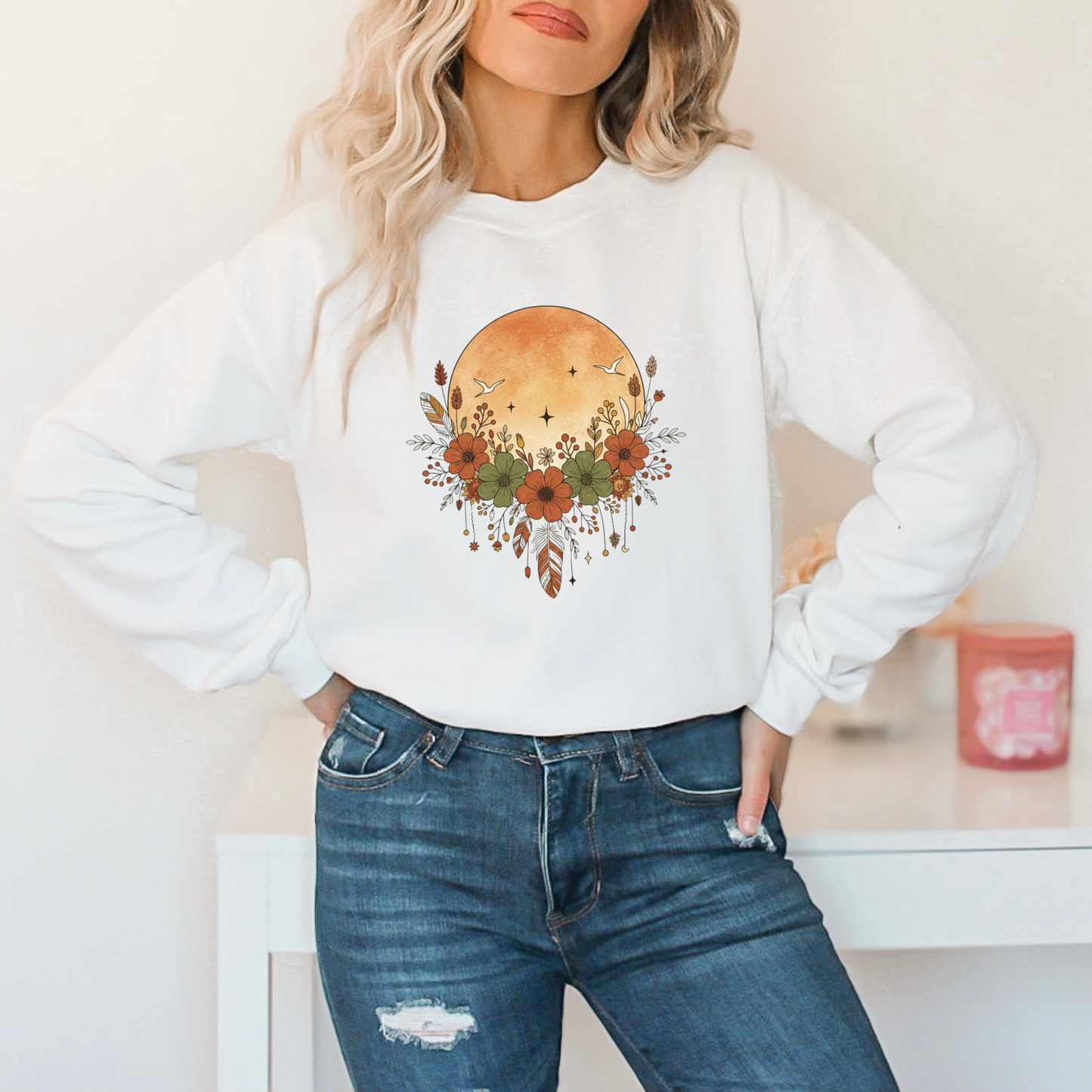 Rustic Full Moon and Flowers Celestial Sweatshirt