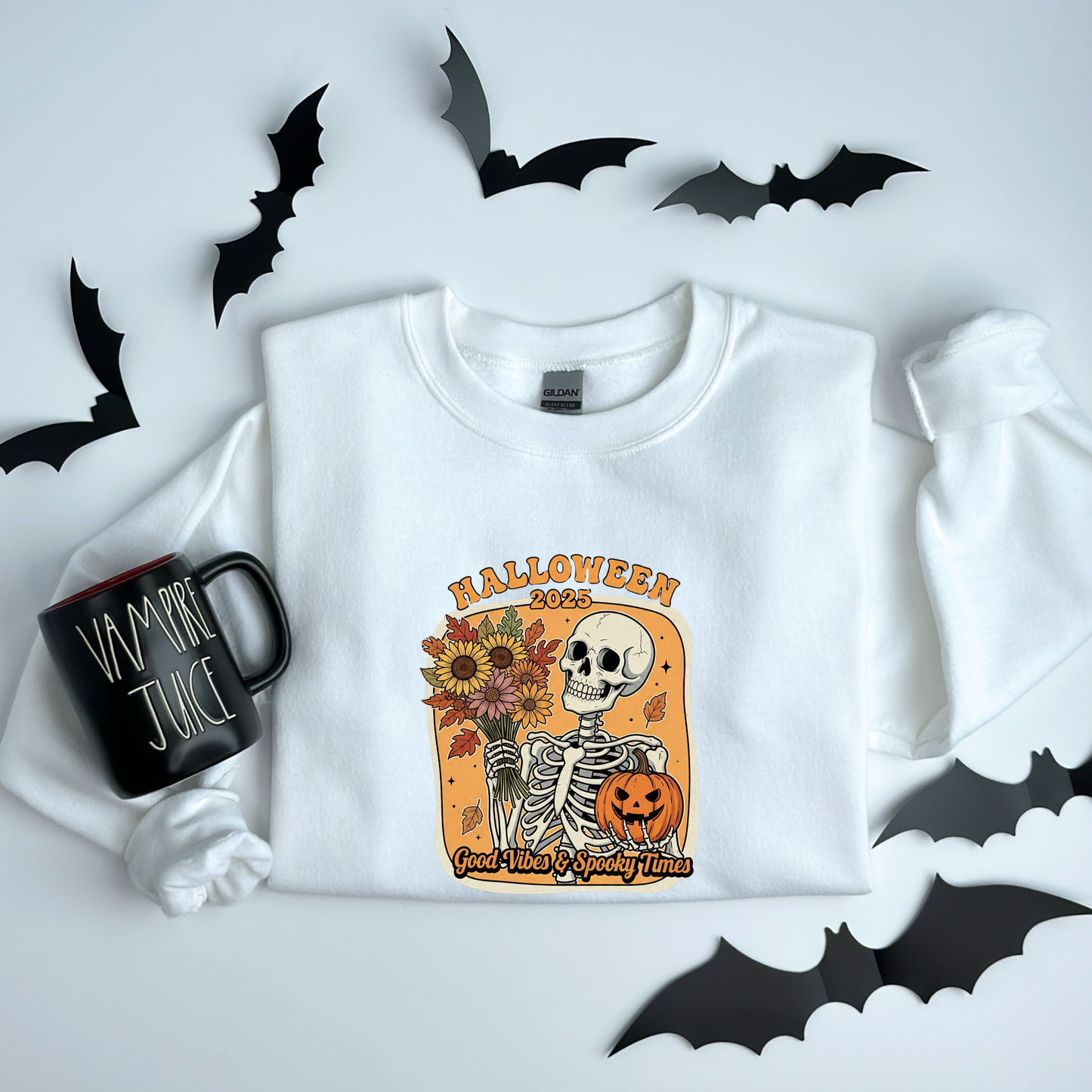 Skeleton 2025 Halloween Sweatshirt | Good Vibes & Spooky Times