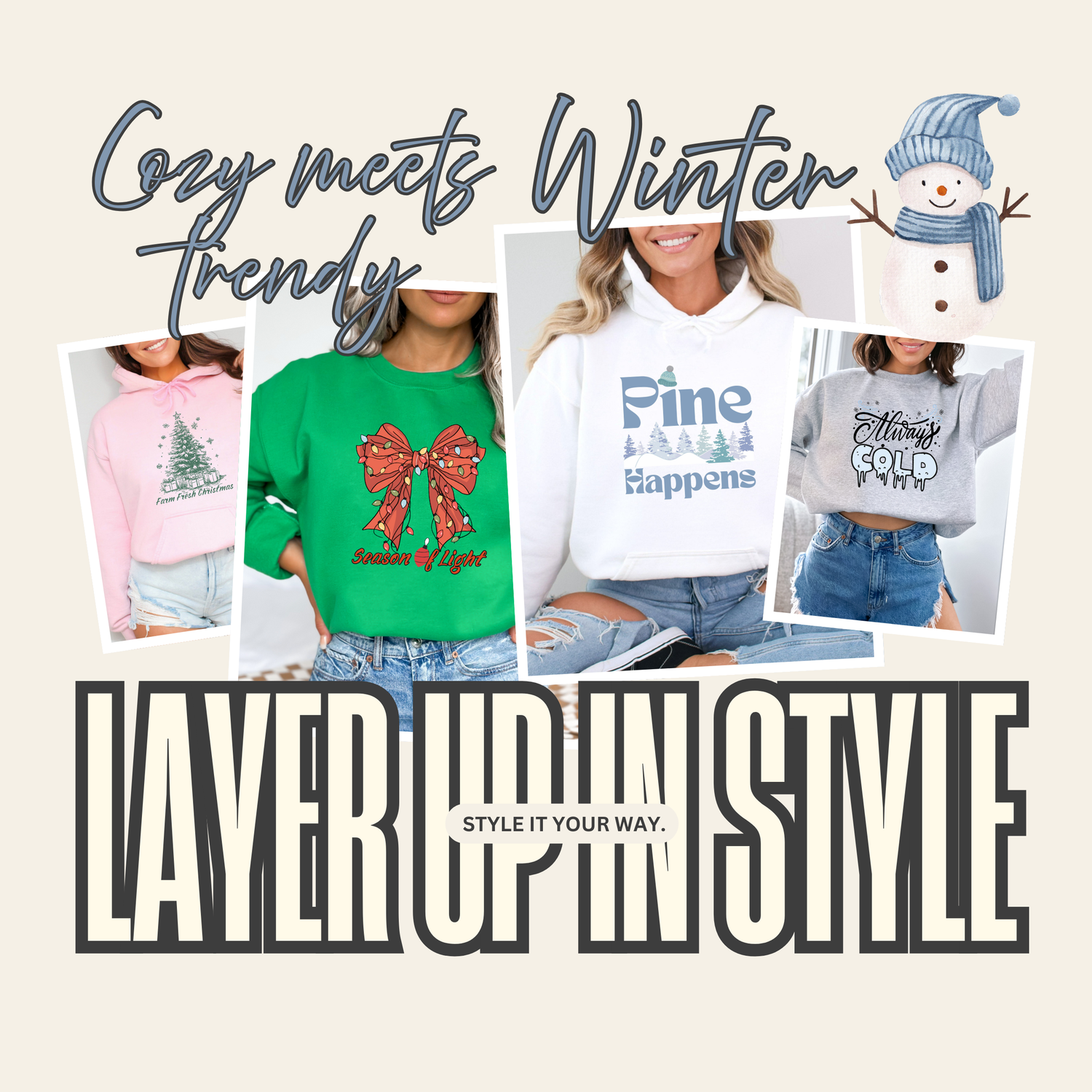 Collage of people wearing sweaters with winter-themed designs and text. Stay warm and stylish this season with our Winter Sweatshirt Collection ❄️✨. Designed for comfort and trend, each sweatshirt combines soft fabrics with unique graphic designs perfect for chilly days. Whether you’re layering up for snowy adventures, enjoying cozy nights in, or adding a touch of seasonal flair to your outfit, these sweatshirts are your go-to winter essentials.