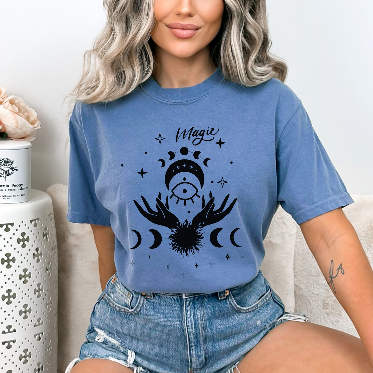 Celestial floral witchy hand line art, Sun with Phases of the Moon, with quote Magic