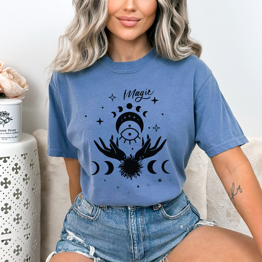 Celestial floral witchy hand line art, Sun with Phases of the Moon, with quote Magic